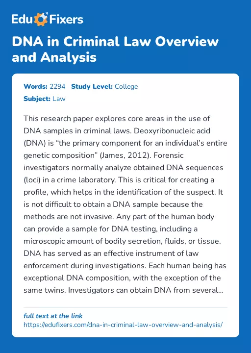 DNA in Criminal Law Overview and Analysis - Essay Preview