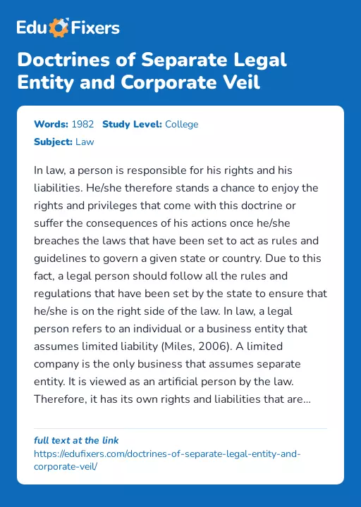 Doctrines of Separate Legal Entity and Corporate Veil - Essay Preview