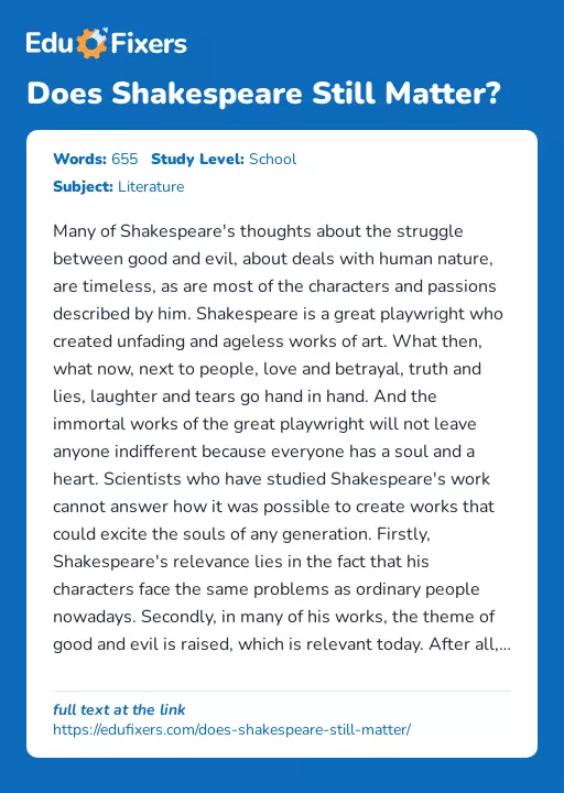 Does Shakespeare Still Matter? - Essay Preview