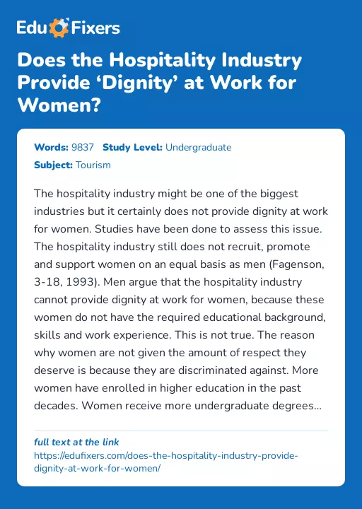 Does the Hospitality Industry Provide ‘Dignity’ at Work for Women? - Essay Preview