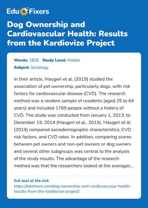 Dog Ownership and Cardiovascular Health: Results from the Kardiovize Project - Essay Preview