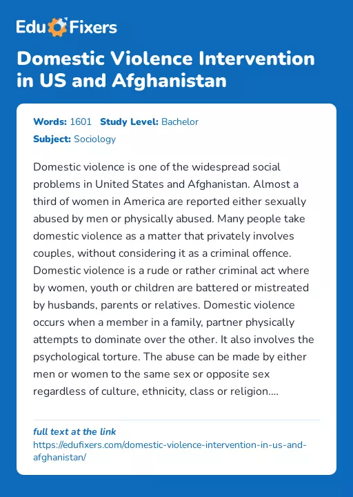 Domestic Violence Intervention in US and Afghanistan - Essay Preview