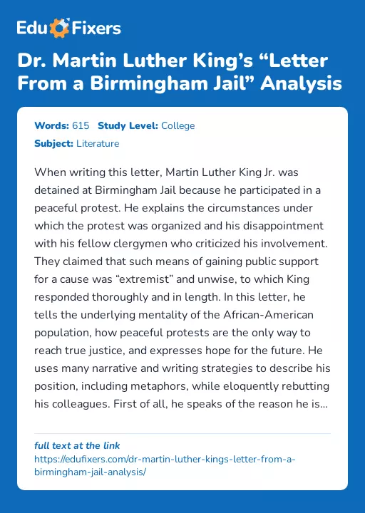 Dr. Martin Luther King’s “Letter From a Birmingham Jail” Analysis - Essay Preview