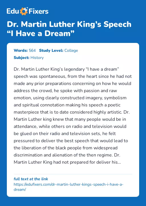 Dr. Martin Luther King’s Speech “I Have a Dream” - Essay Preview
