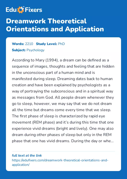 Dreamwork Theoretical Orientations and Application - Essay Preview