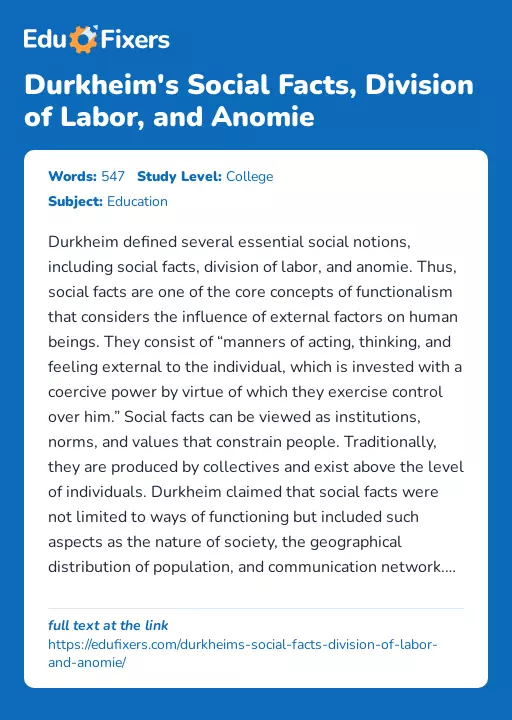 Durkheim's Social Facts, Division of Labor, and Anomie - Essay Preview