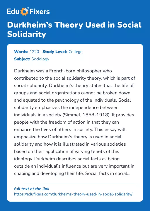 Durkheim’s Theory Used in Social Solidarity - Essay Preview