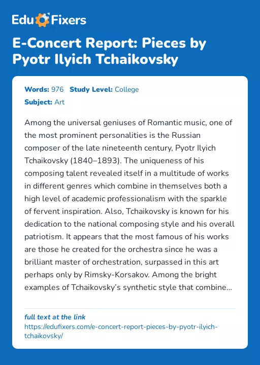 E-Concert Report: Pieces by Pyotr Ilyich Tchaikovsky - Essay Preview