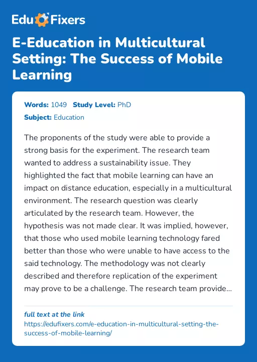 E-Education in Multicultural Setting: The Success of Mobile Learning - Essay Preview