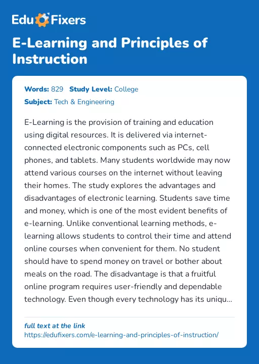 E-Learning and Principles of Instruction - Essay Preview