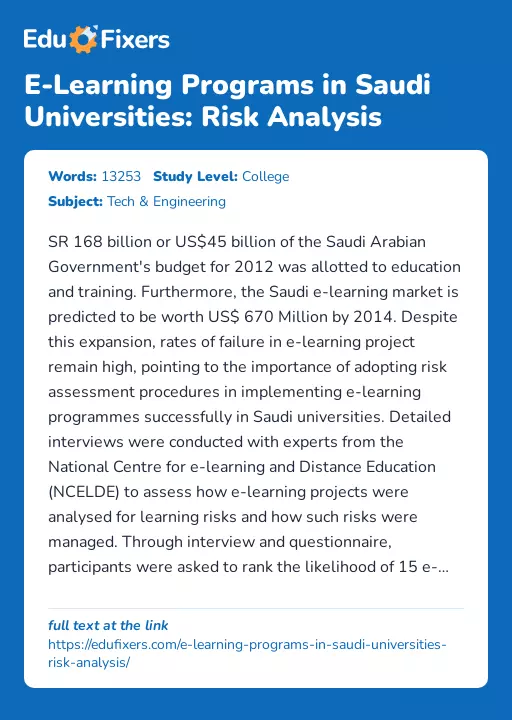 E-Learning Programs in Saudi Universities: Risk Analysis - Essay Preview