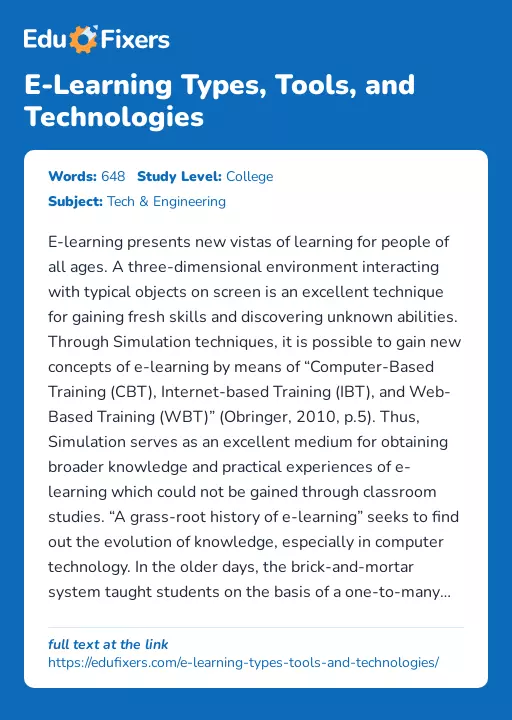 E-Learning Types, Tools, and Technologies - Essay Preview