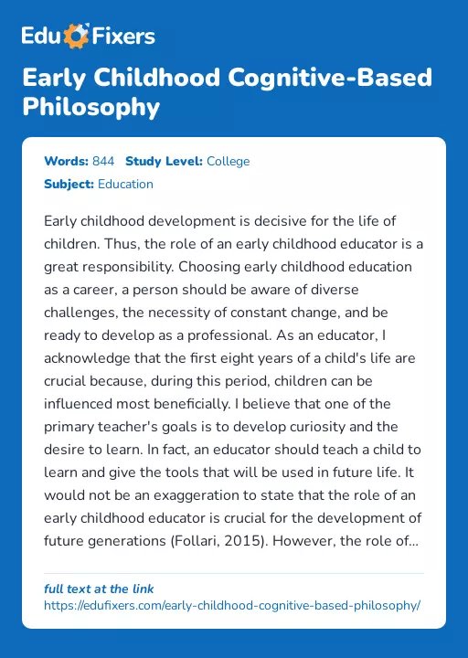 Early Childhood Cognitive-Based Philosophy - Essay Preview