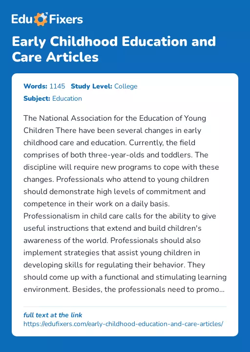 Early Childhood Education and Care Articles - Essay Preview