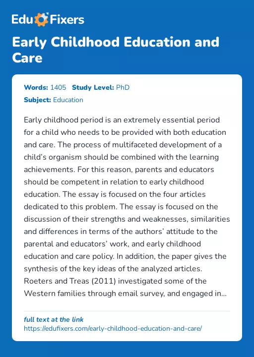 Early Childhood Education and Care - Essay Preview