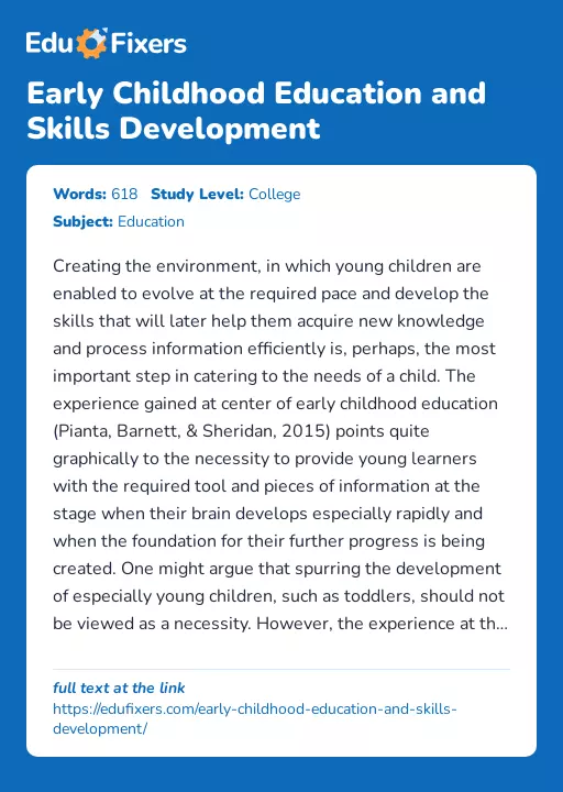 Early Childhood Education and Skills Development - Essay Preview