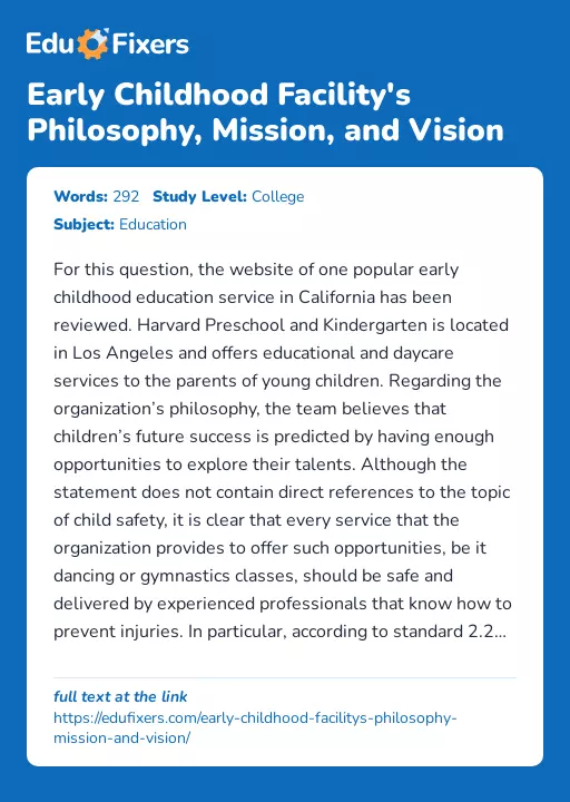Early Childhood Facility's Philosophy, Mission, and Vision - Essay Preview
