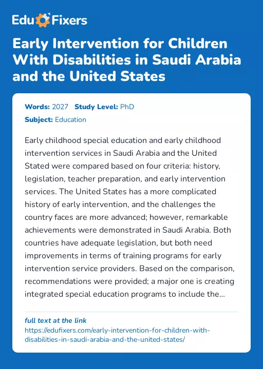 Early Intervention for Children With Disabilities in Saudi Arabia and the United States - Essay Preview