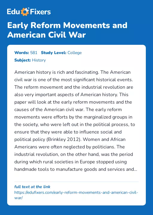 Early Reform Movements and American Civil War - Essay Preview
