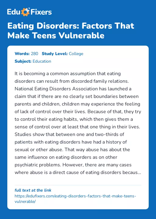 Eating Disorders: Factors That Make Teens Vulnerable - Essay Preview