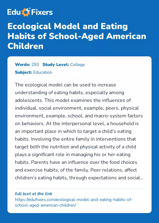 Ecological Model and Eating Habits of School-Aged American Children - Essay Preview