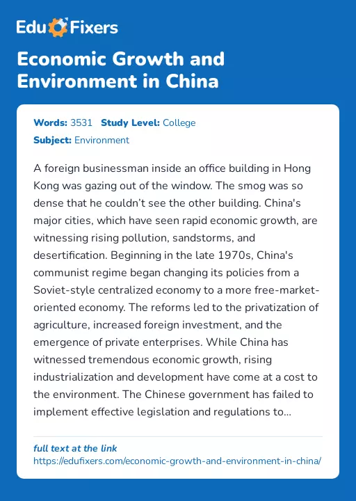 Economic Growth and Environment in China - Essay Preview