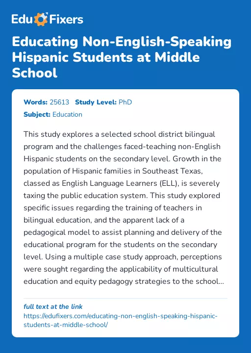 Educating Non-English-Speaking Hispanic Students at Middle School - Essay Preview