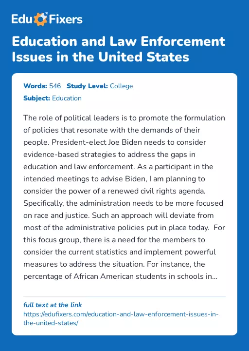 Education and Law Enforcement Issues in the United States - Essay Preview