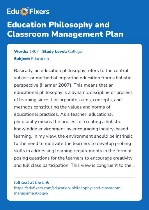 Education Philosophy and Classroom Management Plan - Essay Preview