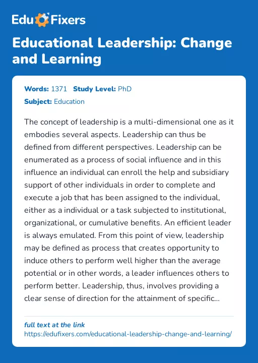 Educational Leadership: Change and Learning - Essay Preview