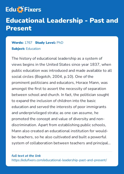 Educational Leadership - Past and Present - Essay Preview