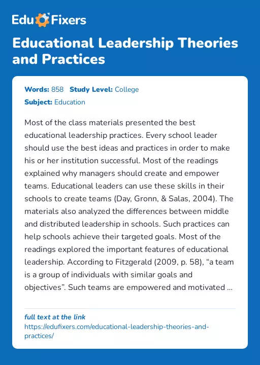 Educational Leadership Theories and Practices - Essay Preview