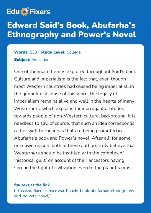 Edward Said's Book, Abufarha's Ethnography and Power's Novel - Essay Preview