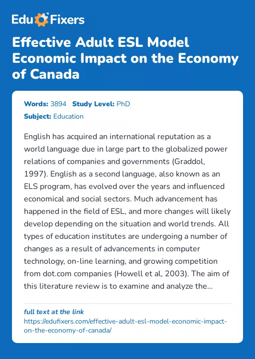 Effective Adult ESL Model Economic Impact on the Economy of Canada - Essay Preview