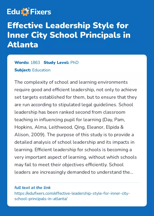 Effective Leadership Style for Inner City School Principals in Atlanta - Essay Preview