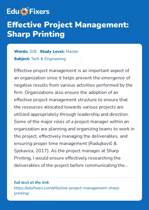 Effective Project Management: Sharp Printing - Essay Preview