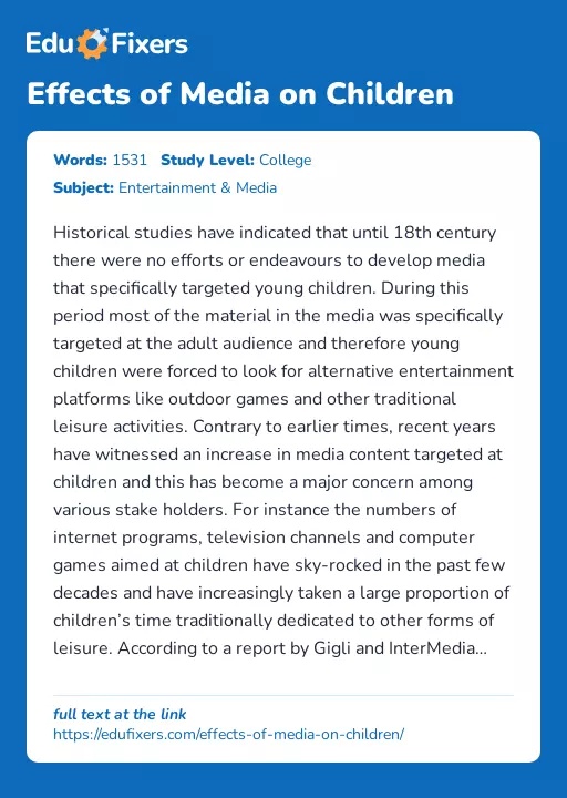 Effects of Media on Children - Essay Preview