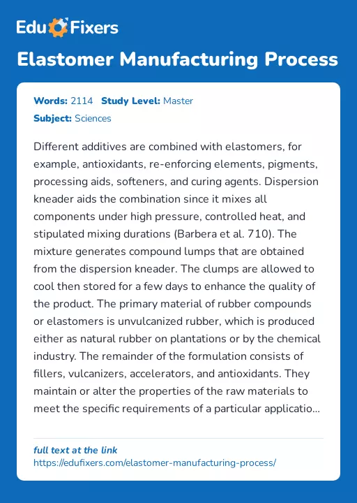 Elastomer Manufacturing Process - Essay Preview