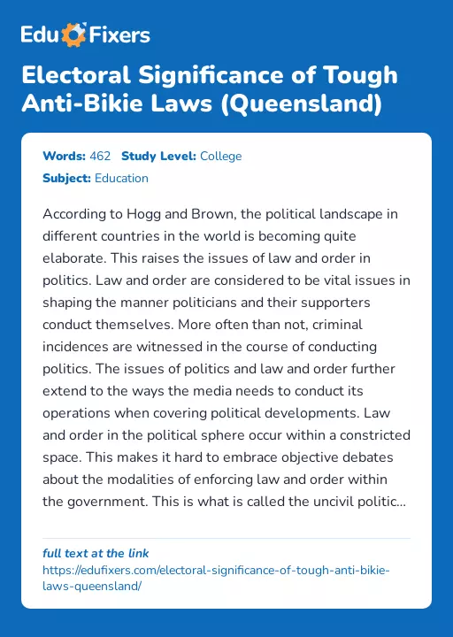 Electoral Significance of Tough Anti-Bikie Laws (Queensland) - Essay Preview