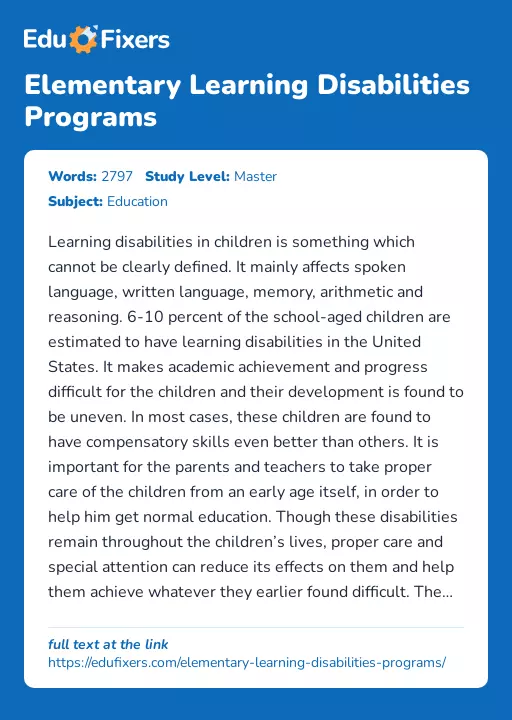Elementary Learning Disabilities Programs - Essay Preview