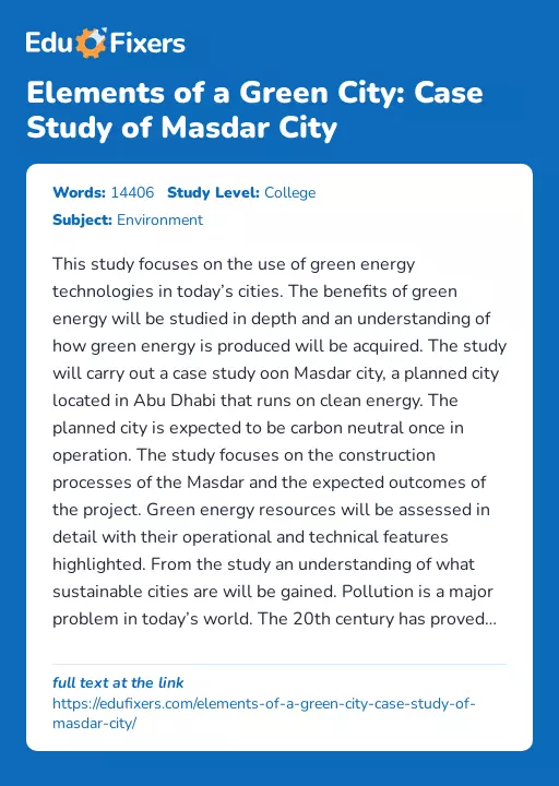 Elements of a Green City: Case Study of Masdar City - Essay Preview