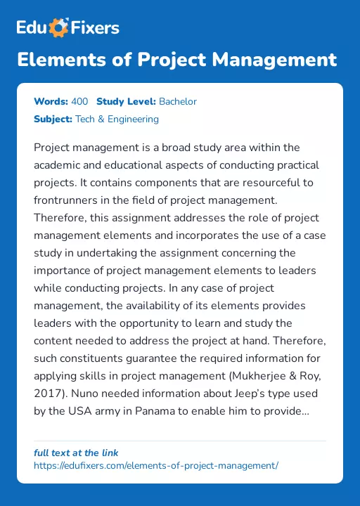 Elements of Project Management - Essay Preview