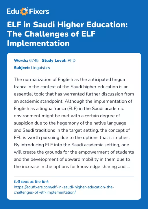 ELF in Saudi Higher Education: The Challenges of ELF Implementation - Essay Preview