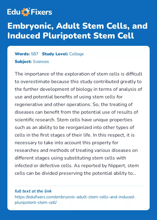 Embryonic, Adult Stem Cells, and Induced Pluripotent Stem Cell - Essay Preview