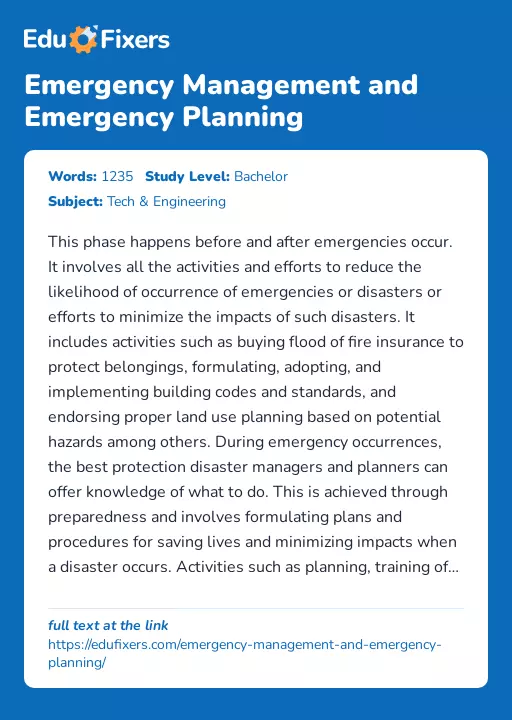Emergency Management and Emergency Planning - Essay Preview