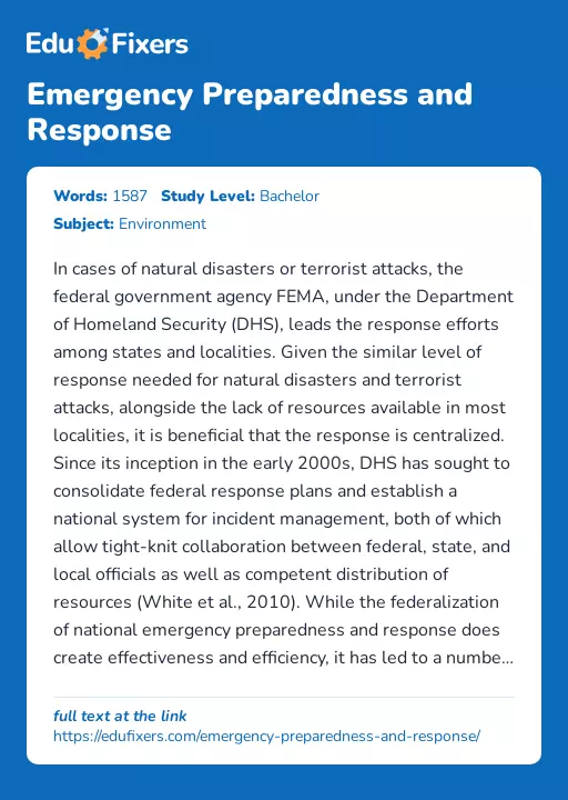 Emergency Preparedness and Response - Essay Preview