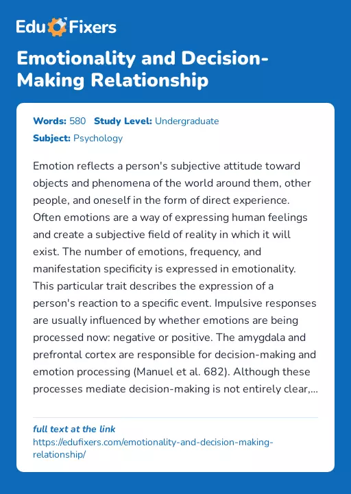 Emotionality and Decision-Making Relationship - Essay Preview