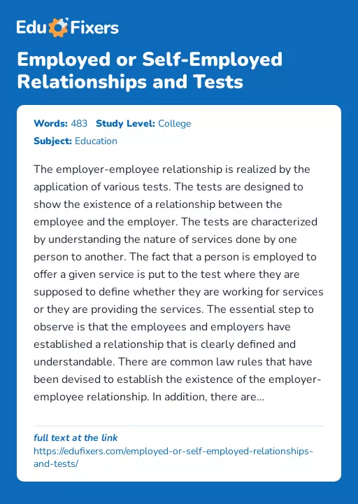 Employed or Self-Employed Relationships and Tests - Essay Preview