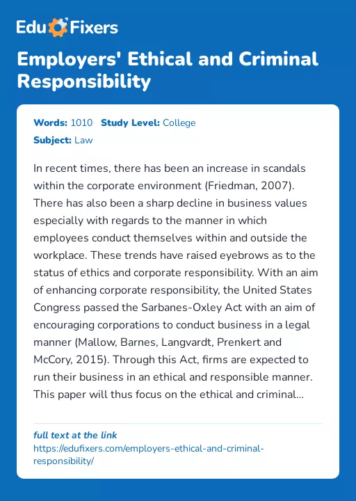 Employers' Ethical and Criminal Responsibility - Essay Preview