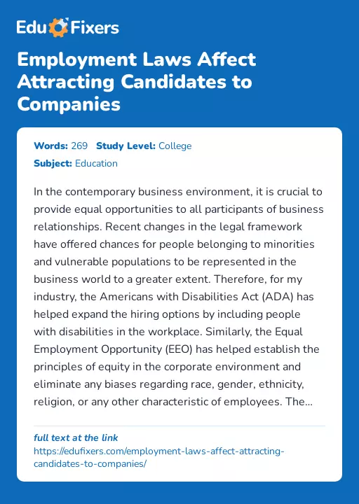 Employment Laws Affect Attracting Candidates to Companies - Essay Preview